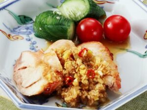 焼き鶏肉のねぎごましょうがだれ